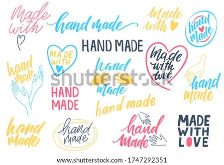 Hand made logo. Made with love. Big Hand-drawn lettering set. Stylish logos for your product, shop,  brand. Modern lettering design for poster, t shirt print, post card. skin care. Vector illustration