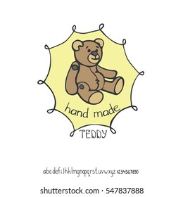 Hand made logo Doodle badges Sewing Teddy bear  toy icons Retro vector Colored hand drawing sketch Vintage logotype label  Vector hand made Design template Cute decor