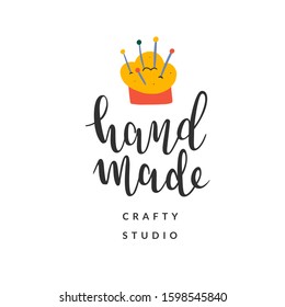 Hand made logotype or label sign with simple illustration of needle pad, elegant handwritten lettering, good as logo, brand sign or tag for crafty studio, workshop or atelier. Isolated illustration.