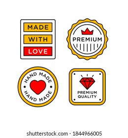 Hand Made with Love lettering stamp label. Premium quality and 100% made with love badge in line style