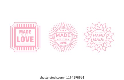 Hand made with love logo set, pink badges, labels, tags for hand made products vector Illustration on a white background