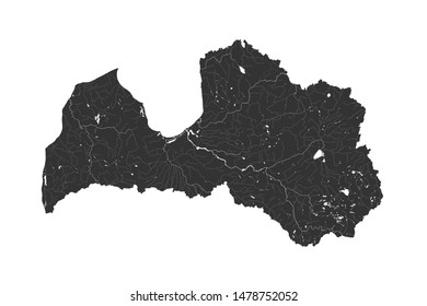 Hand made map of Latvia with lakes and rivers.