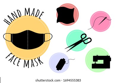 Hand made medical face mask.Sew the mask yourself.Items that are needed for sewing a protective face mask yourself.Needle and thread, spool of thread, fabric, sewing machine, scissors.Vector