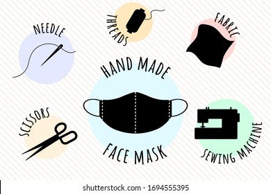 Hand made medical face mask. Items that are needed for sewing a protective face mask yourself.Needle and thread, spool of thread, fabric, sewing machine, scissors.Sew the mask yourself.Vector