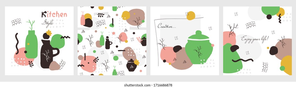 Banderas de doodle abstractas hechas a mano con colores verde y rosa. Banderas y motivos de cocina con citas. Perfecto para textiles, impresiones, decoración interior y mucho más