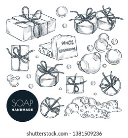 Hand made natural soap bar set. Bath and spa, hand drawn design elements isolated on white background. Vector sketch illustration.