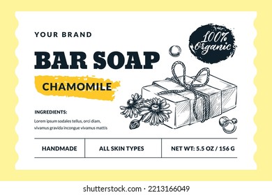 Hand made natural soap bar package label or sticker template. Vector hand drawn sketch soap and chamomile illustration. Bath and spa badge or banner layout and design elements