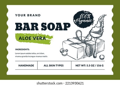 Hand made natural soap bar package label or sticker template. Vector hand drawn sketch soap and aloe vera illustration. Bath and spa badge or banner layout and design elements