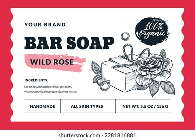 Hand made natural soap bar package label or sticker template. Vector hand drawn sketch soap and rose flower illustration. Bath and spa badge or banner layout and design elements