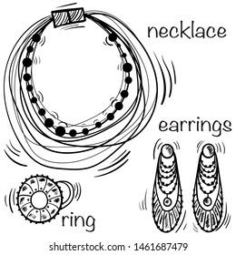 Hand made necklace, ring and earings. In hand drawn style isolated on white. Great for bijou shop in arabic, aztec, tribal style.