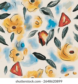 hand made with photoshop, Seamless pattern, artistic floral illustrations in a modern, expressive style. Ideal for textile design, decoration, backgrounds, and graphic elements.
