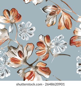 hand made with photoshop, Seamless pattern, artistic floral illustrations in a modern, expressive style. Ideal for textile design, decoration, backgrounds, and graphic elements.