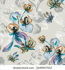 hand made with photoshop, Seamless pattern, artistic floral illustrations in a modern, expressive style. Ideal for textile design, decoration, backgrounds, and graphic elements