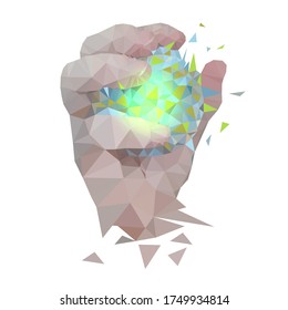 hand made of polygons holding a virus. Geometric hand squeezes the virus. Polygonal image.