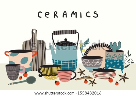 Hand made pottery background for home and restaurant. Ceramics or pottery lessons banner to promote your studio. Authentic kitchen cookware and utencils. Isolated porcelain, crockery, earthenware.