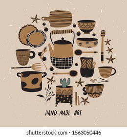 Hand made pottery illustration for home and restaurant. Ceramics or pottery lessons banner to promote your studio. Authentic kitchen cookware and utencils. Isolated porcelain, crockery, earthenware.