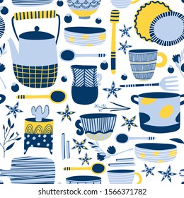 Hand made pottery seamless pattern. Ceramics wallpaper, textile, wrapping paper design good for print. Authentic kitchen cookware and utencils background.