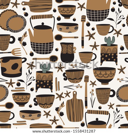 Hand made pottery seamless pattern. Ceramics wallpaper, textile, wrapping paper design good for print. Authentic kitchen cookware and utencils background.