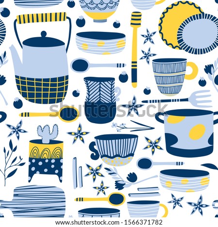 Hand made pottery seamless pattern. Ceramics wallpaper, textile, wrapping paper design good for print. Authentic kitchen cookware and utencils background.