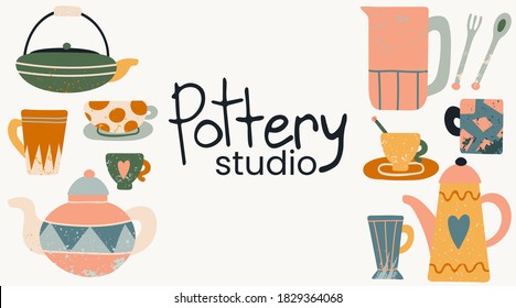 Hand made pottery studio. Vector background for home and restaurant, utensils shop. Ceramics banner poster flyer to promote workshop, hand drawn flat textured horizontal wallpaper with copy space