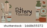 Hand made pottery vector background for home and restaurant, hand made shop.   Ceramics or pottery banner to promote your studio. Hand drawn flat wallpaper.