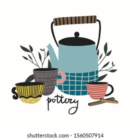 Hand made pottery vector illustration for home and restaurant. Tea time concept. Ceramics or pottery lessons banner to promote your studio. Authentic kitchen cookware and utencils. 