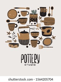 Hand made pottery vector illustration for home and restaurant. Ceramics or pottery lessons banner to promote your studio. Authentic kitchen cookware and utencils. Isolated porcelain, earthenware.