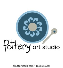 Hand made pottery vector illustration for home and restaurant, hand made shop.   Ceramics or pottery banner to promote your studio. Hand drawn flat logotype.