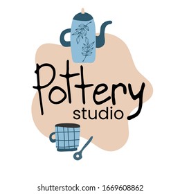 Hand made pottery vector illustration for home and restaurant, hand made shop.   Ceramics or pottery banner to promote your studio. Hand drawn flat logotype.