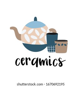 Hand made pottery vector illustration for home and restaurant, hand made shop. Ceramics or pottery banner to promote your studio. Hand drawn flat logotype.