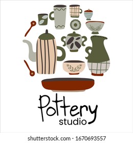 Hand made pottery vector illustration for home and restaurant, hand made shop.   Ceramics or pottery banner to promote your studio. Hand drawn flat logotype.