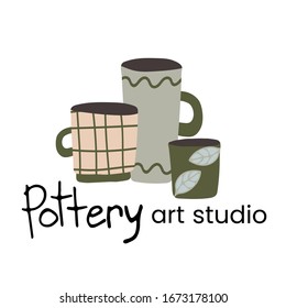Hand made pottery vector illustration for home and restaurant, hand made shop.   Ceramics or pottery banner to promote your studio. Hand drawn flat logotype.
