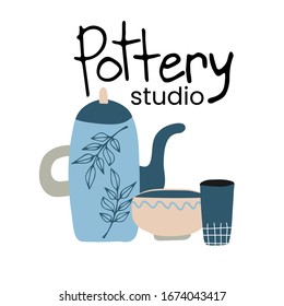 Hand made pottery vector illustration for home and restaurant, hand made shop. Ceramics or pottery banner to promote your studio. Hand drawn flat logotype.