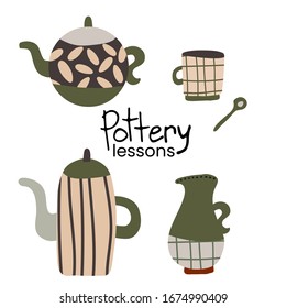 Hand made pottery vector illustration for home and restaurant, hand made shop.   Ceramics or pottery banner to promote your studio. Hand drawn flat logotype.