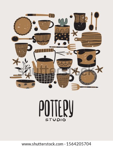 Hand made pottery vector illustration for home and restaurant. Ceramics or pottery lessons banner to promote your studio. Authentic kitchen cookware and utencils. Isolated porcelain, earthenware.