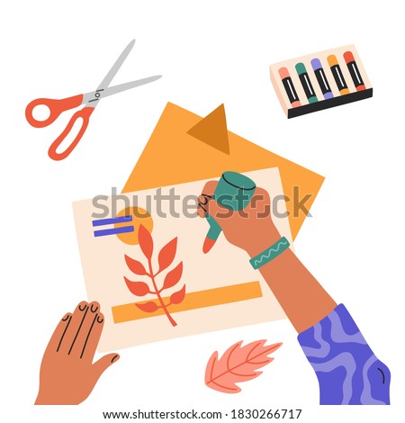 Hand made process, creative workshop, chil cutting paper, educational courses for children, top view. Hand drawn illustration in modern cartoon flat style, isolated on white background. 