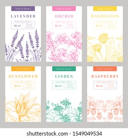 Conjunto de plantillas de empaquetado vectorial dibujado a mano de productos hechos a mano. Cosméticos herbales, marca de productos de belleza natural, diseño de identidad. Cuidados ecológicos con linden, girasol, ingredientes orgánicos de lavanda