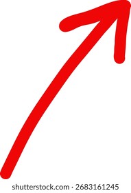 hand made red arrow pointing upwards and to the right indicating direction or growth on a clean white background