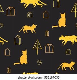 Hand made scandinavian nordic pattern with silhouette of cat and houses with trees isolated on black background.Simple animal fabric pattern.Domestic animal motif.