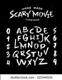 Hand Made Scribble Font 'Scary Movie'. Custom handwritten alphabet. Handwritten Letters and Numbers. Vintage retro textured hand drawn typeface grunge effect. Vector illustration.
