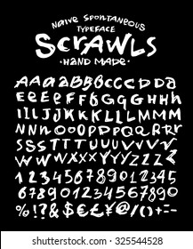 Hand Made scribble Font 'Scrawls'. Custom handwritten alphabet. Original Letters and Numbers. Vintage retro textured hand drawn typeface with grunge effect. Vector illustration.