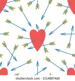 Hand made seamless pattern with flat illustrations of hearts and arrows. Vector background in modern color scheme. Hipsters ornament. Simple repeating doodle. Old school backdrop for clothing design.