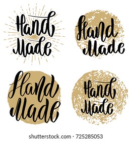Hand made. Set of hand drawn lettering emblems. Design element for emblem, sign, badge, label. Vector illustration