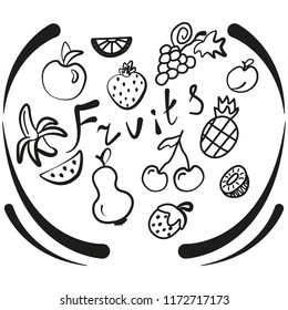 Hand made the set fruits of icons on the white background