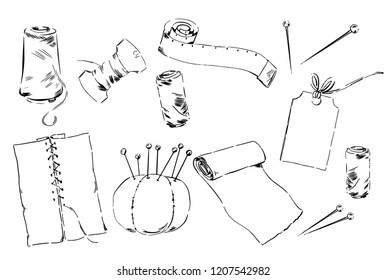 hand made set of lettering and hand drawn objects / sewing, hand made , fabric