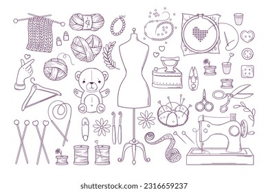 Hand made. Set of monochrome bright blue elements for sewing and knitting in doodle style. Isolated on white background