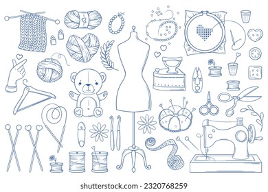 Hand made. Set of monochrome bright blue elements for sewing and knitting in doodle style. Isolated on white background
