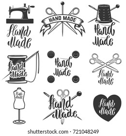 Hand made. Set of hand made tailors emblems. Design elements for logo, label, emblem, sign, poster. Vector illustration