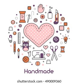 Hand Made Sewing Crafting Line Art Thin Vector Icons Set With Tools And Accessories