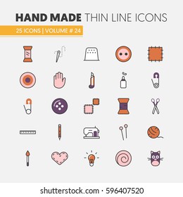 Hand Made Sewing Crafting Linear Thin Line Vector Icons Set with Tools and Accessories